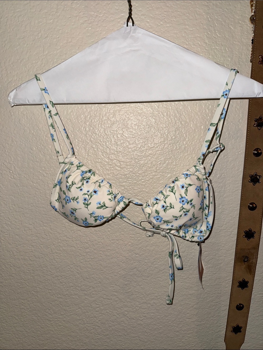 Shade & Shore Cream Bikini Top with Blue Floral Print